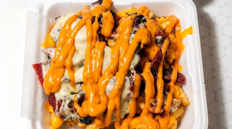 Loaded fries with melted white and yellow cheese, topped with meat and orange sauce in a white container.